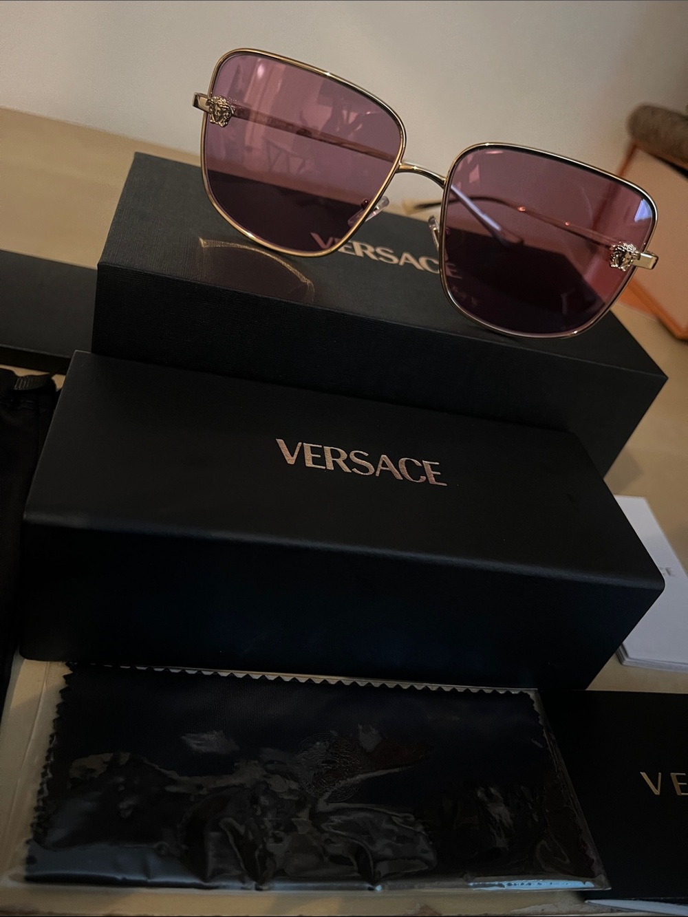 Brand New Versace Women's Gold Frame Sunglasses with Purple Lenses